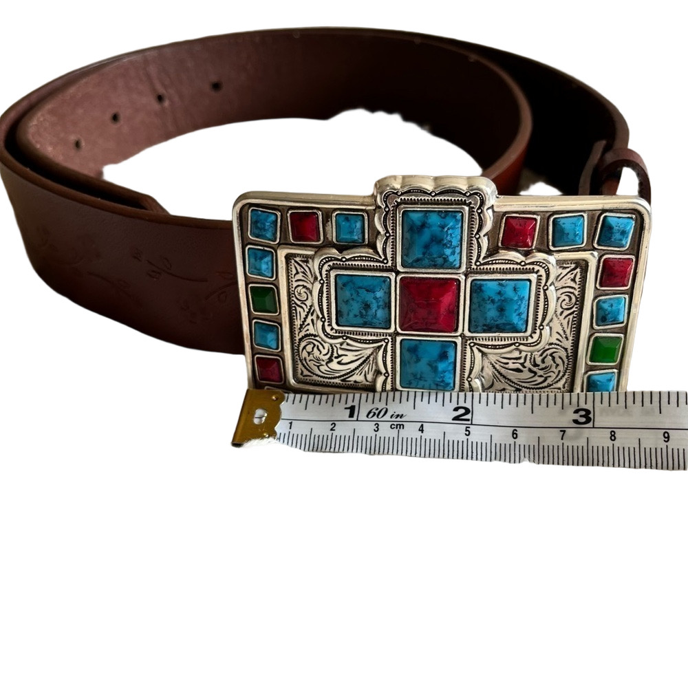Western Cowgirl Brown Tooled Leather Belt Stones Mosaic Silver Tone Buckle Cross